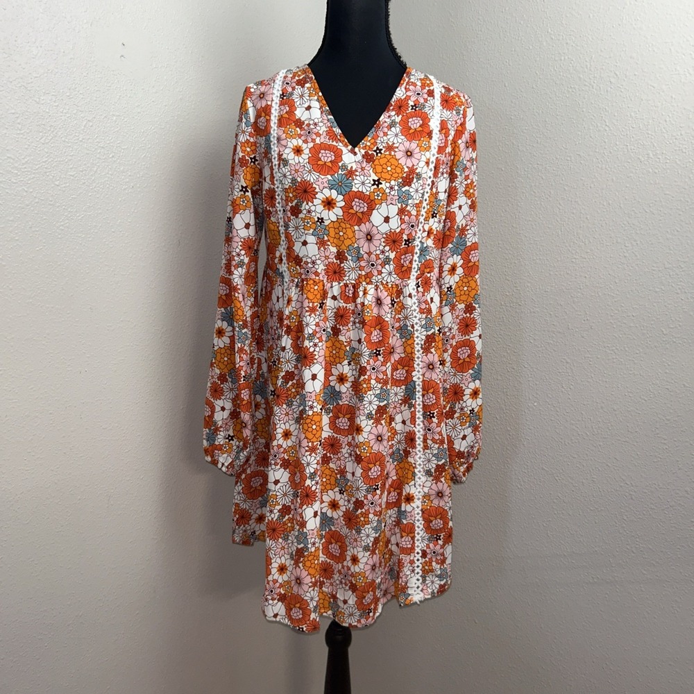 Dokotoo Retro 70's Dress Women's Small Multicolor Floral Hippie Crochet Detail